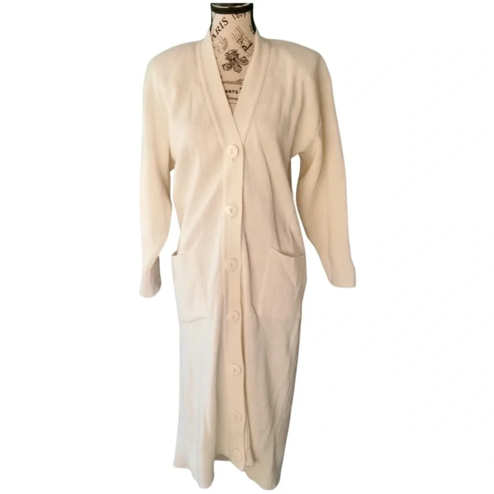 🇨🇦 80s Vintage Cream Long Button Cardigan Sweater Duster Size Small Oversized - Picture 2 of 7
